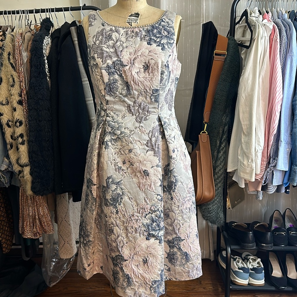 Adrianna Papell floral metallic fit and flare dress with pearl neckline detail